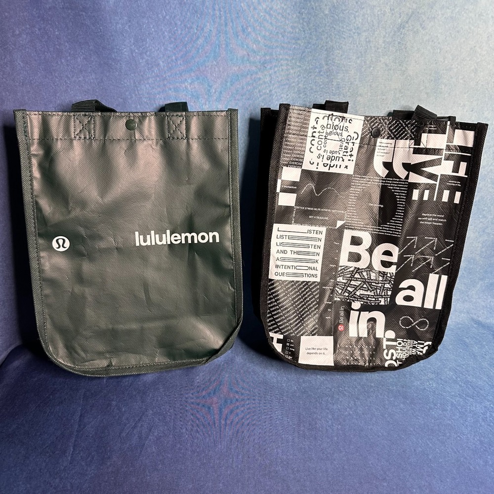 Lululemon Lot of 2 Small Reusable Shopping Tote Bags Forest Green & Be All Print